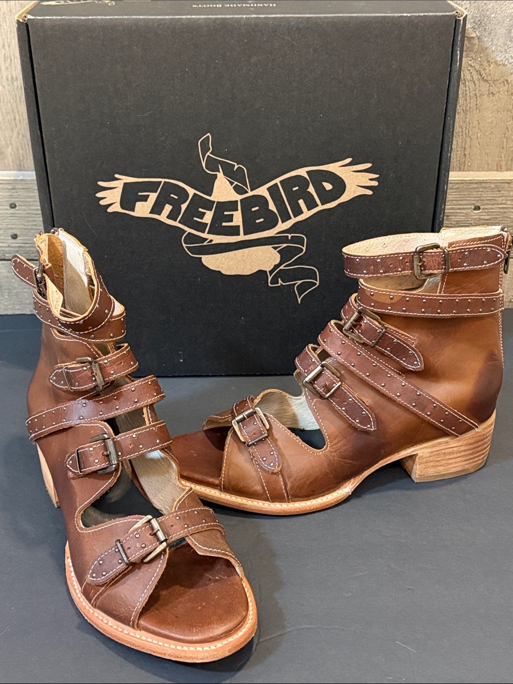 Freebird Gunnar Cognac Leather Sandal Booties Size 10 NIB Western Boho Studded